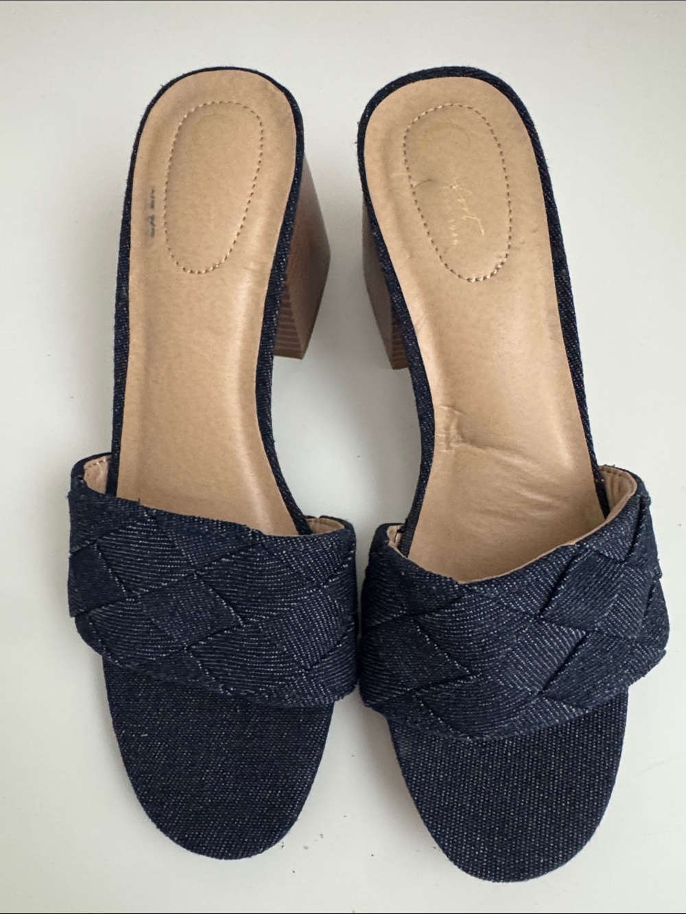 Woven Denim Slide Mules - Navy